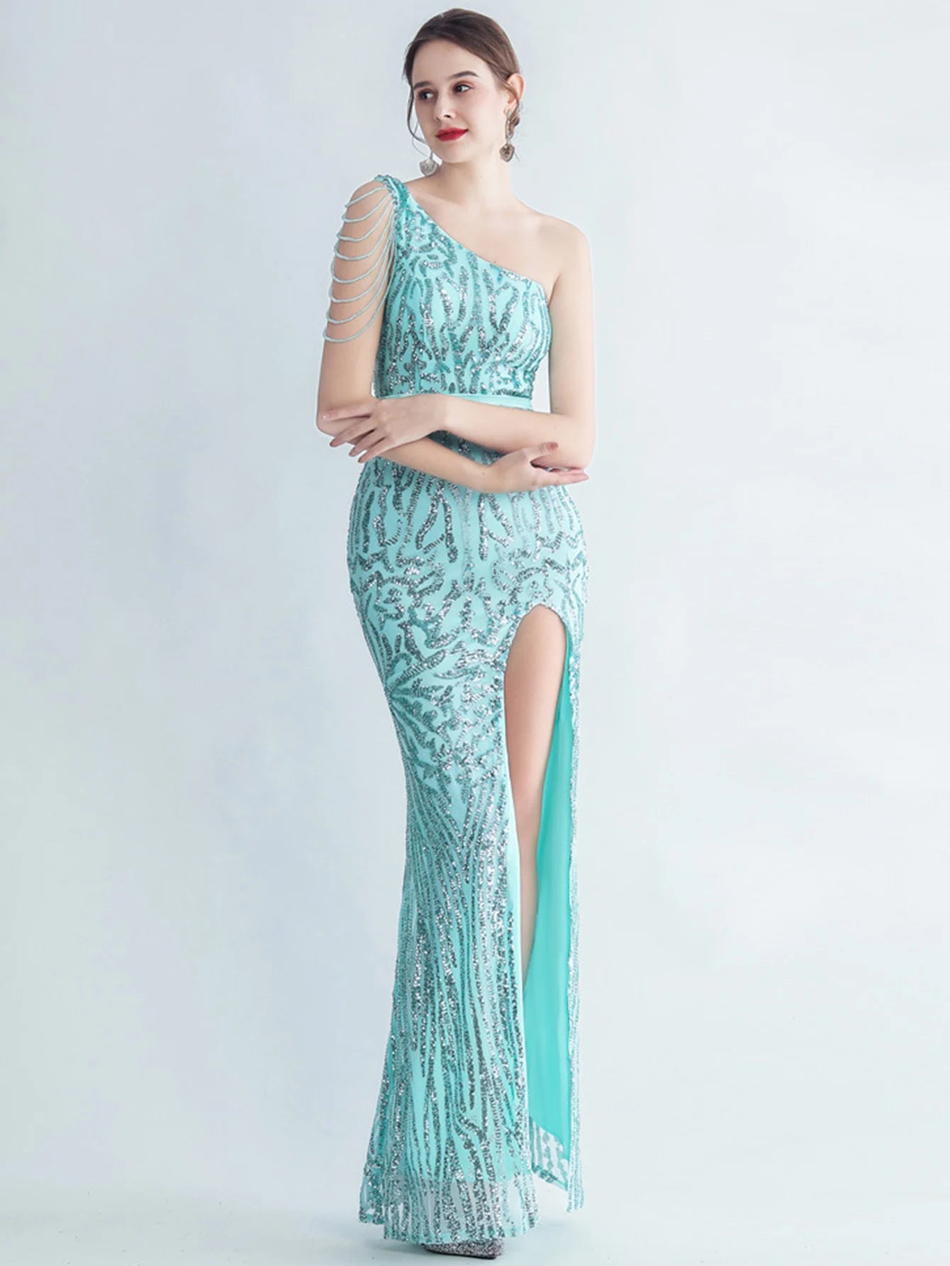 Elegant Diagonal Collar Backless Sequin Birthday Party Long Maxi Dress