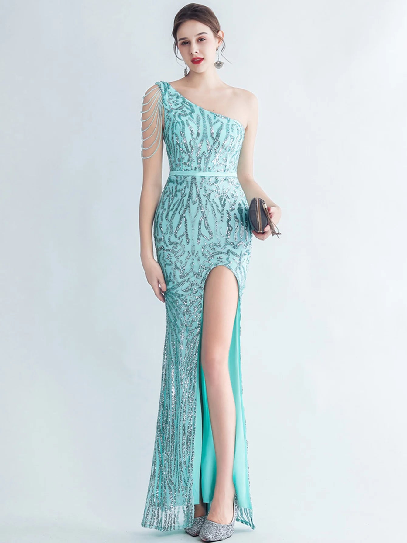Elegant Diagonal Collar Backless Sequin Birthday Party Long Maxi Dress