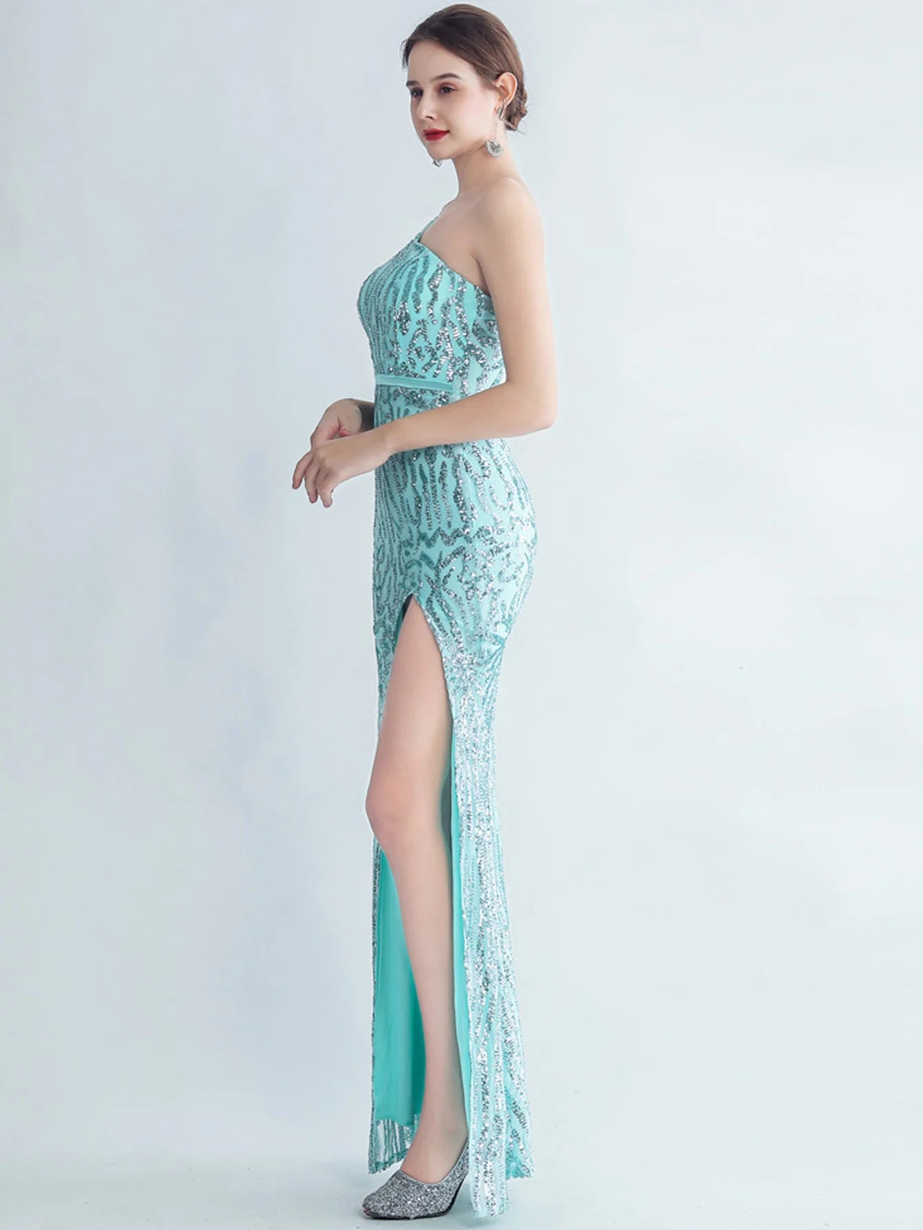 Elegant Diagonal Collar Backless Sequin Birthday Party Long Maxi Dress