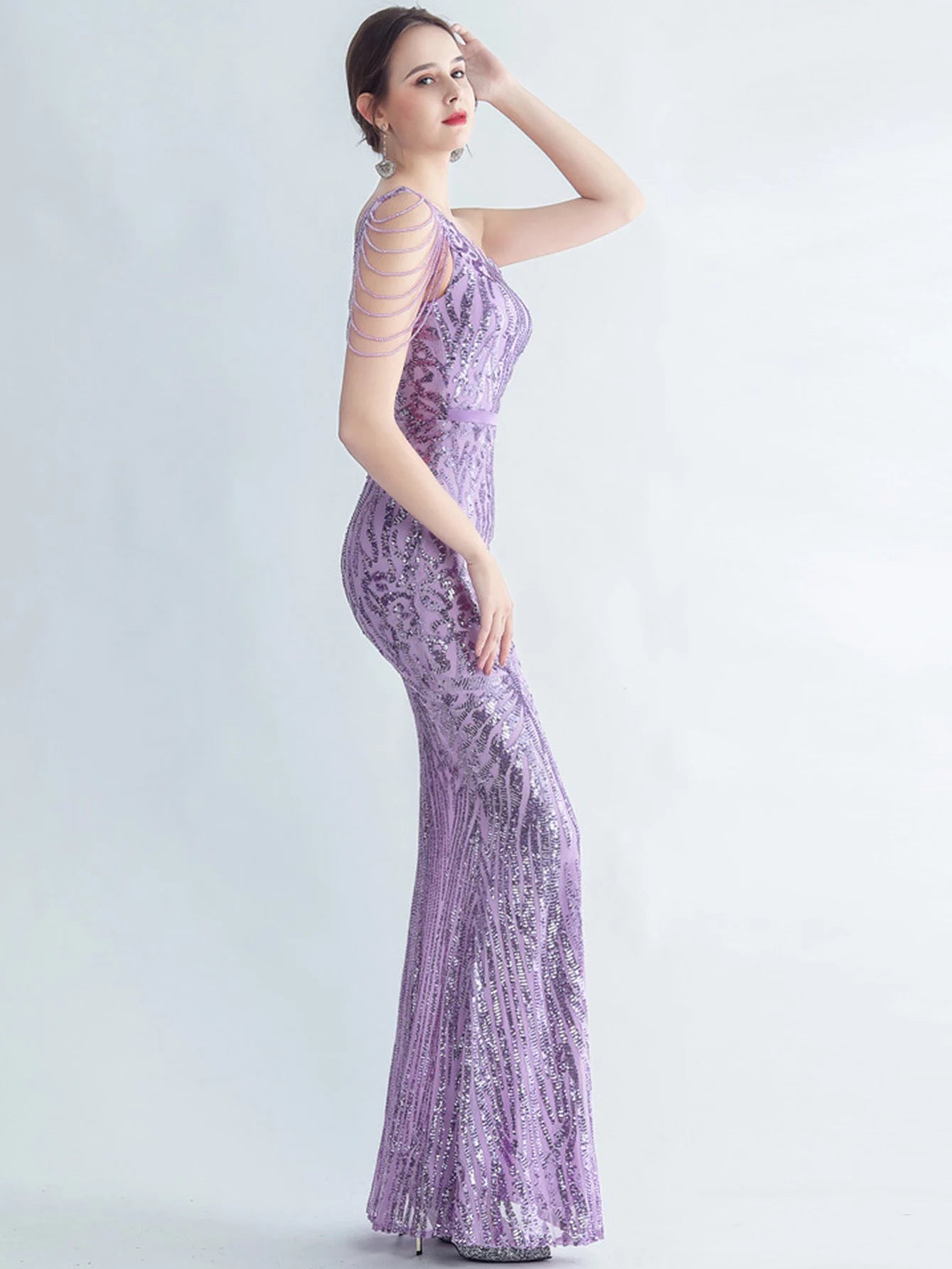 Elegant Diagonal Collar Backless Sequin Birthday Party Long Maxi Dress