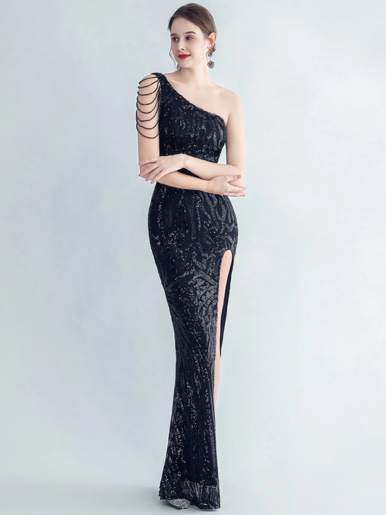 Elegant Diagonal Collar Backless Sequin Birthday Party Long Maxi Dress
