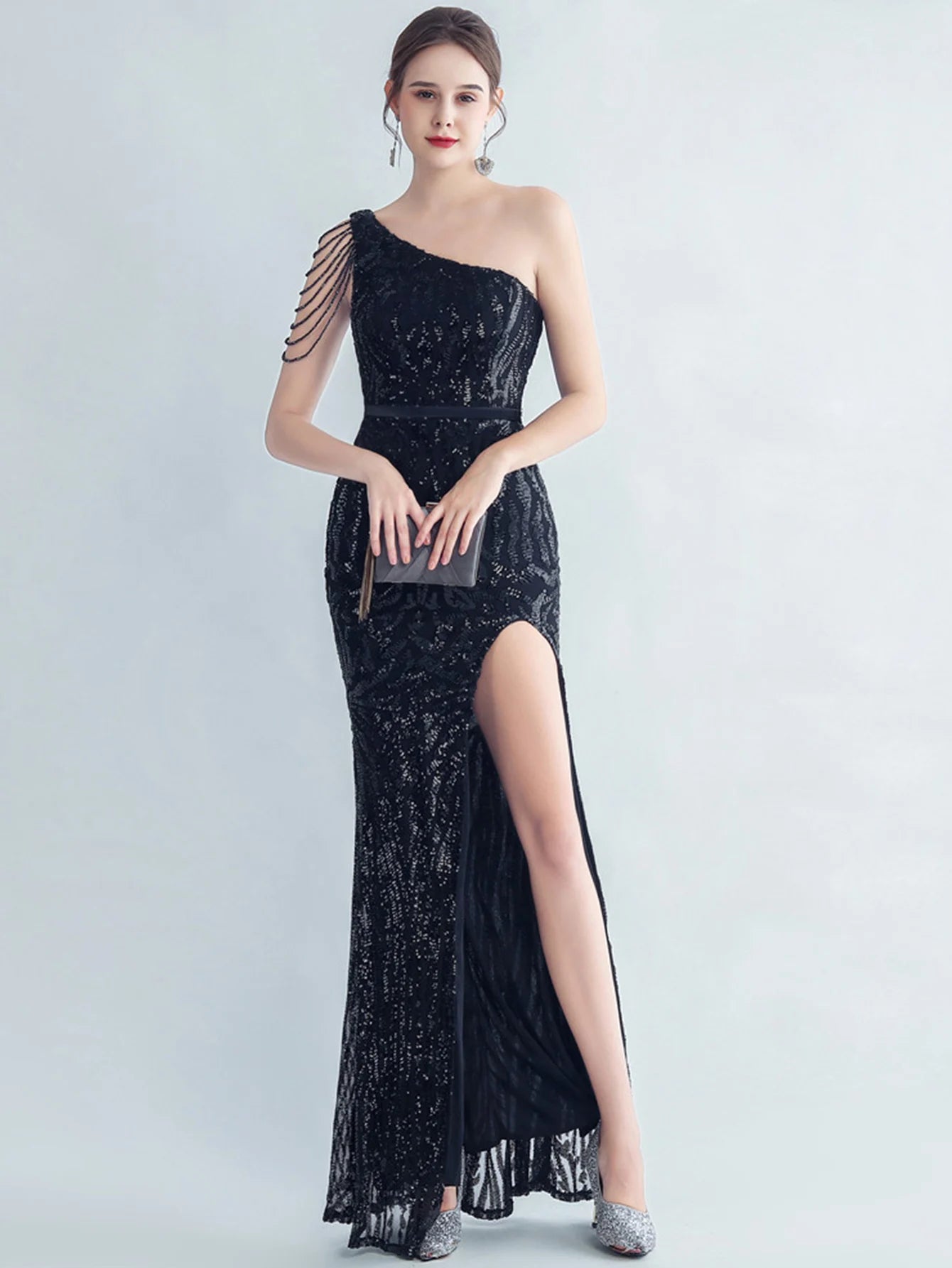 Elegant Diagonal Collar Backless Sequin Birthday Party Long Maxi Dress