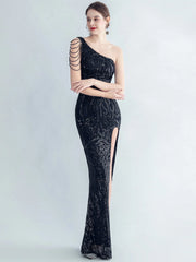 Elegant Diagonal Collar Backless Sequin Birthday Party Long Maxi Dress