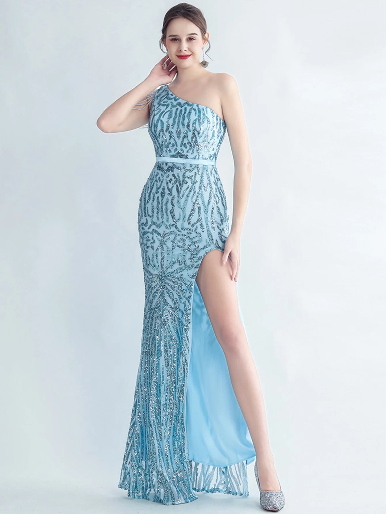 Elegant Diagonal Collar Backless Sequin Birthday Party Long Maxi Dress