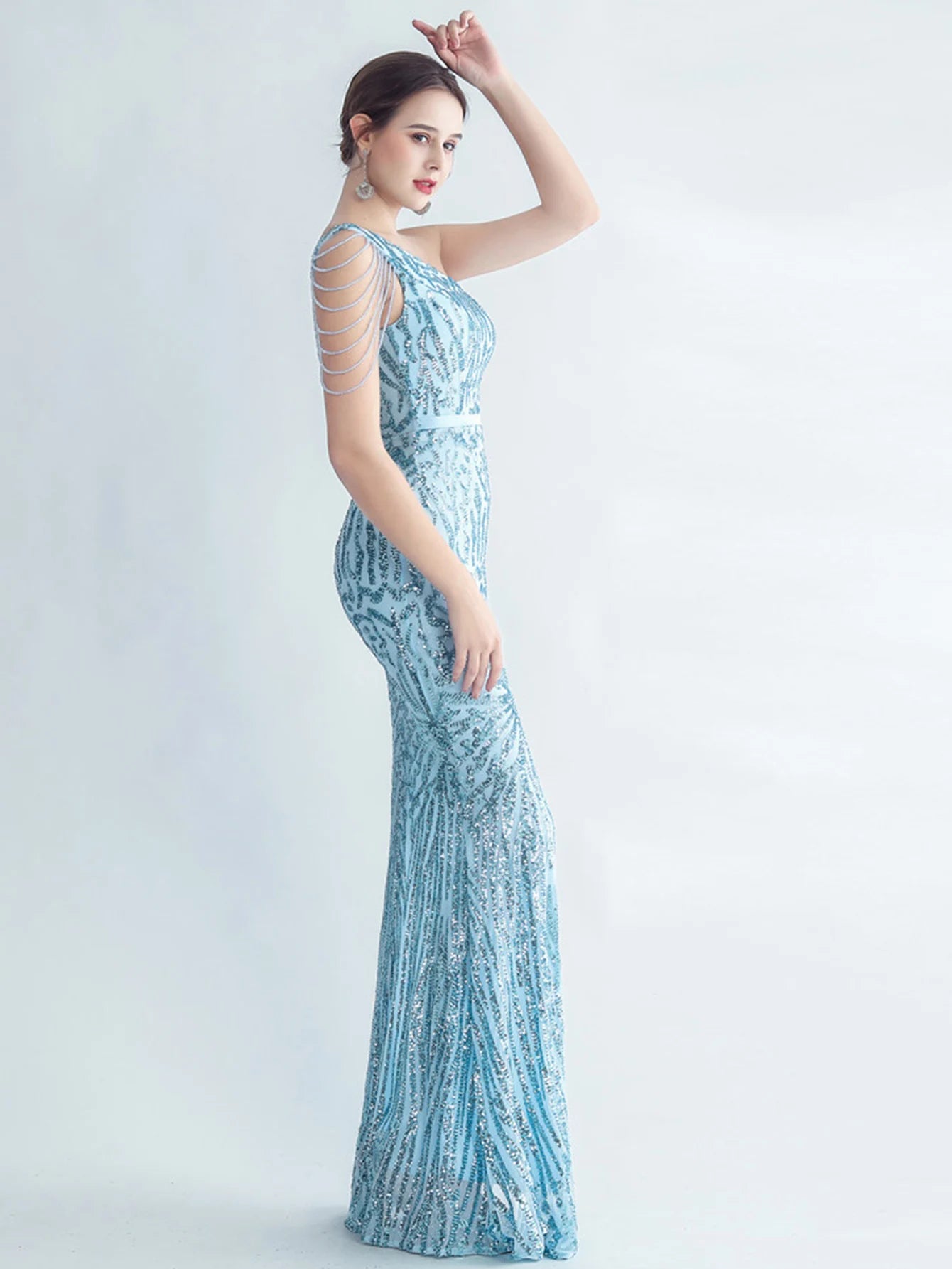 Elegant Diagonal Collar Backless Sequin Birthday Party Long Maxi Dress