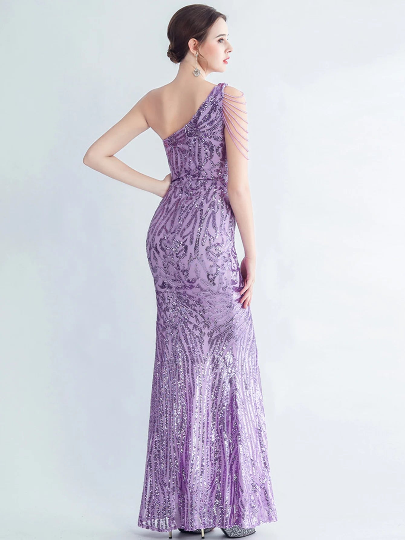 Elegant Diagonal Collar Backless Sequin Birthday Party Long Maxi Dress