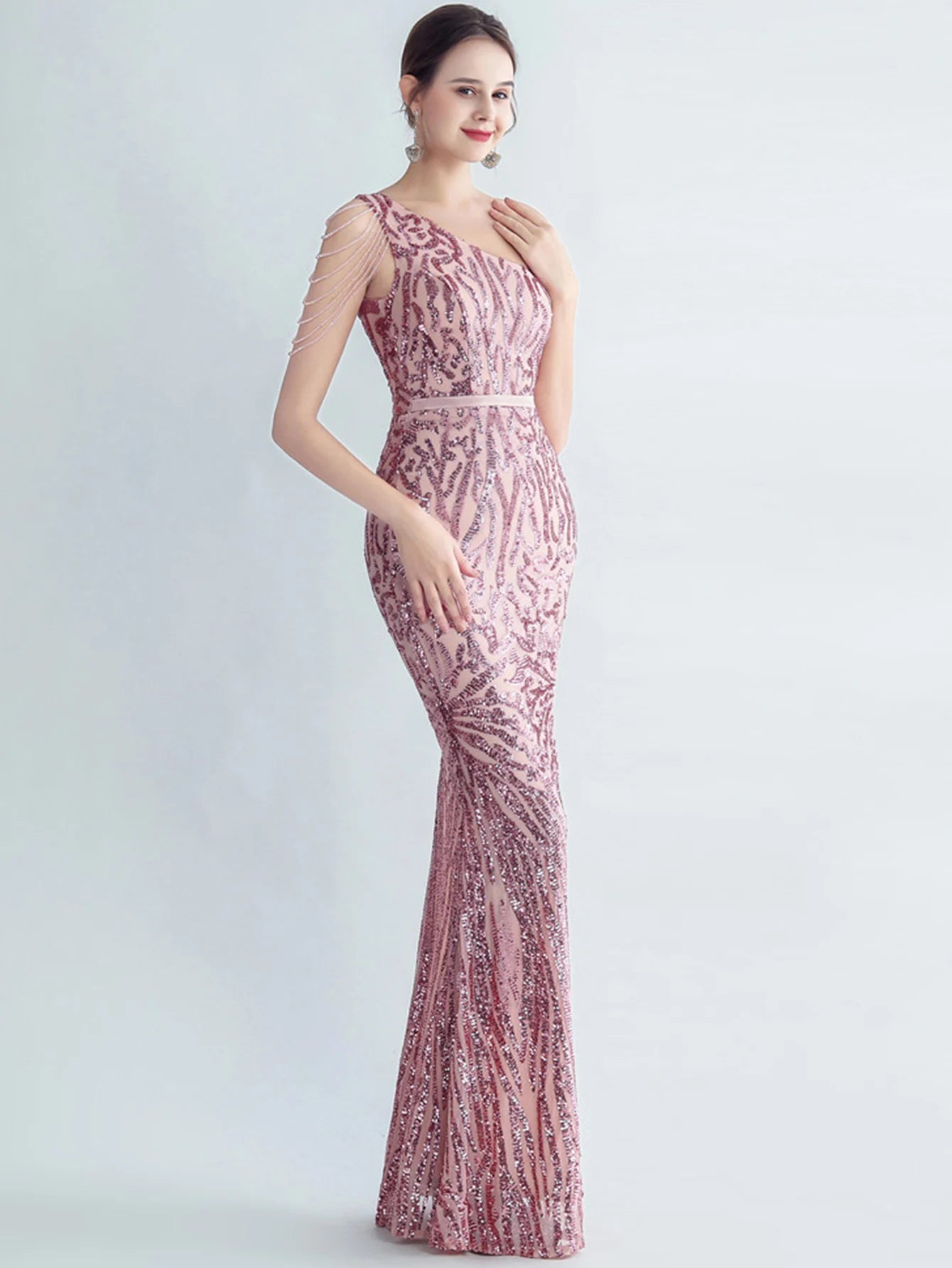 Elegant Diagonal Collar Backless Sequin Birthday Party Long Maxi Dress