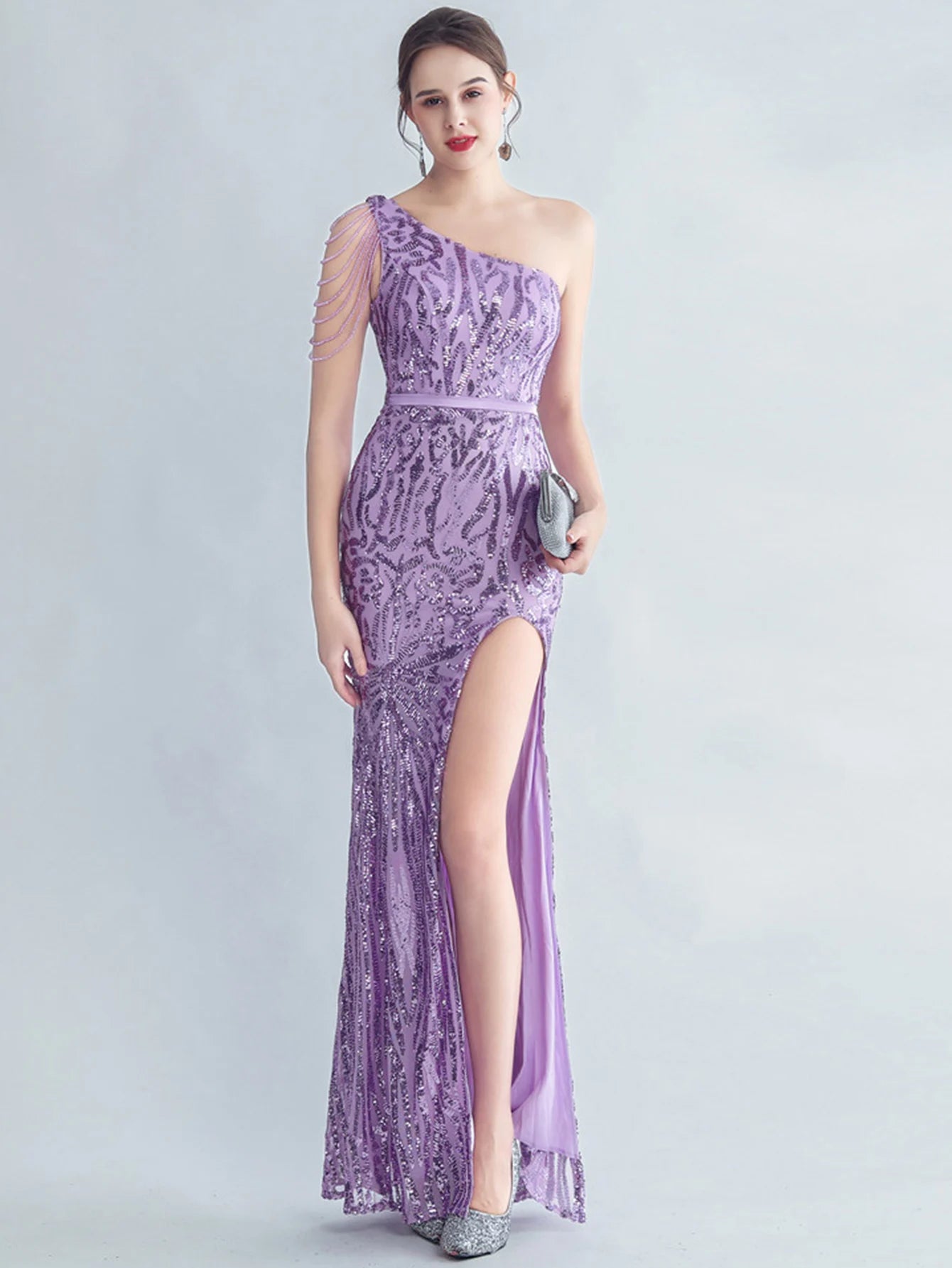 Elegant Diagonal Collar Backless Sequin Birthday Party Long Maxi Dress