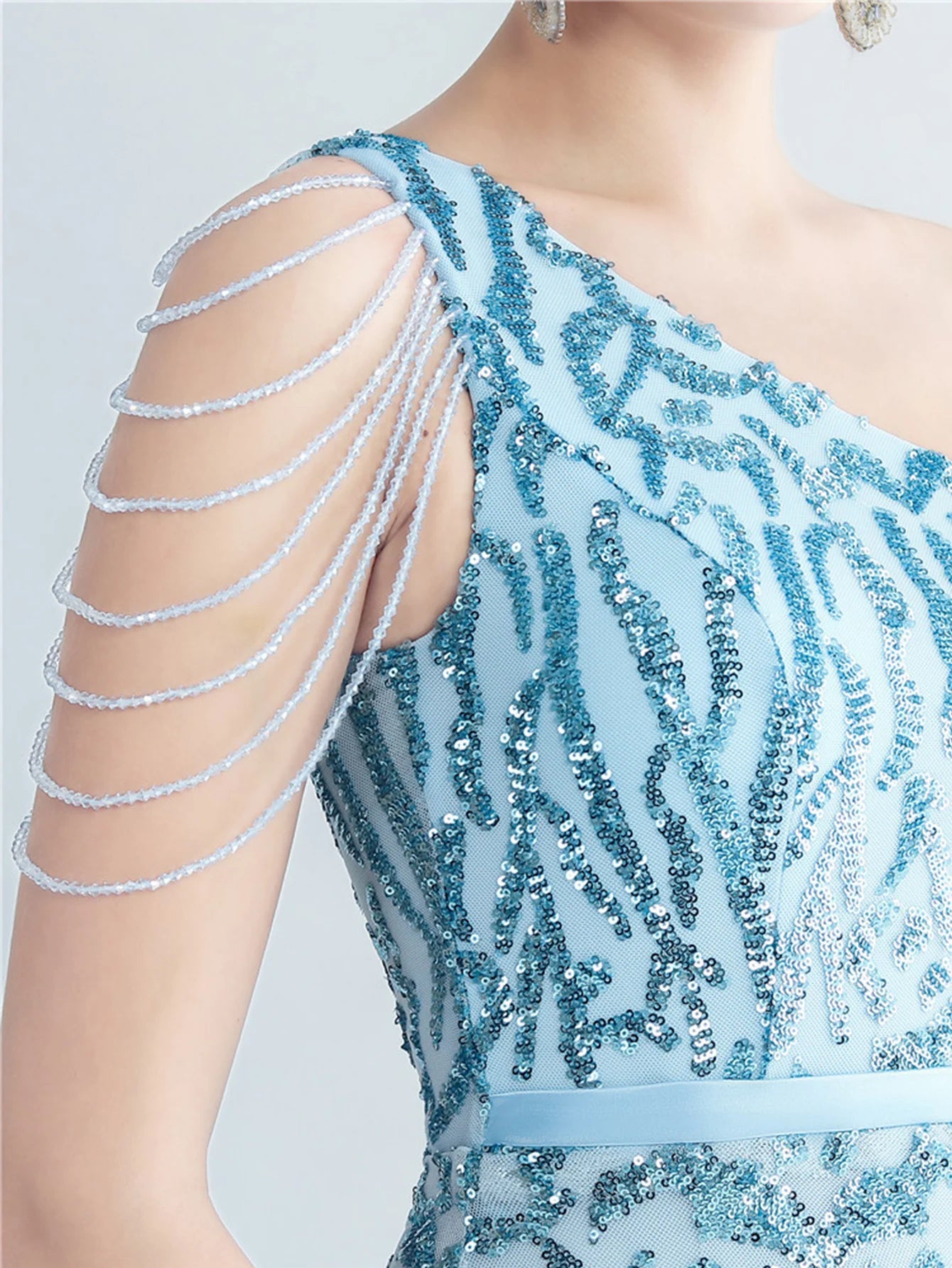 Elegant Diagonal Collar Backless Sequin Birthday Party Long Maxi Dress