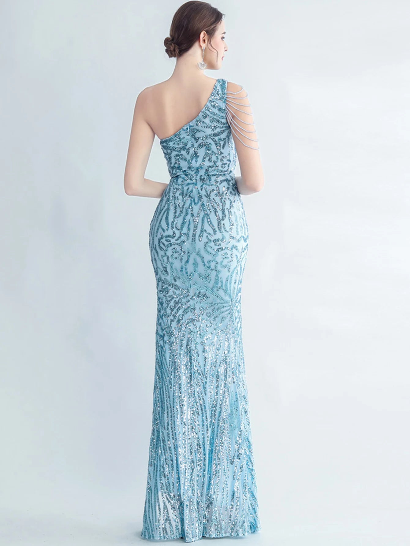 Elegant Diagonal Collar Backless Sequin Birthday Party Long Maxi Dress