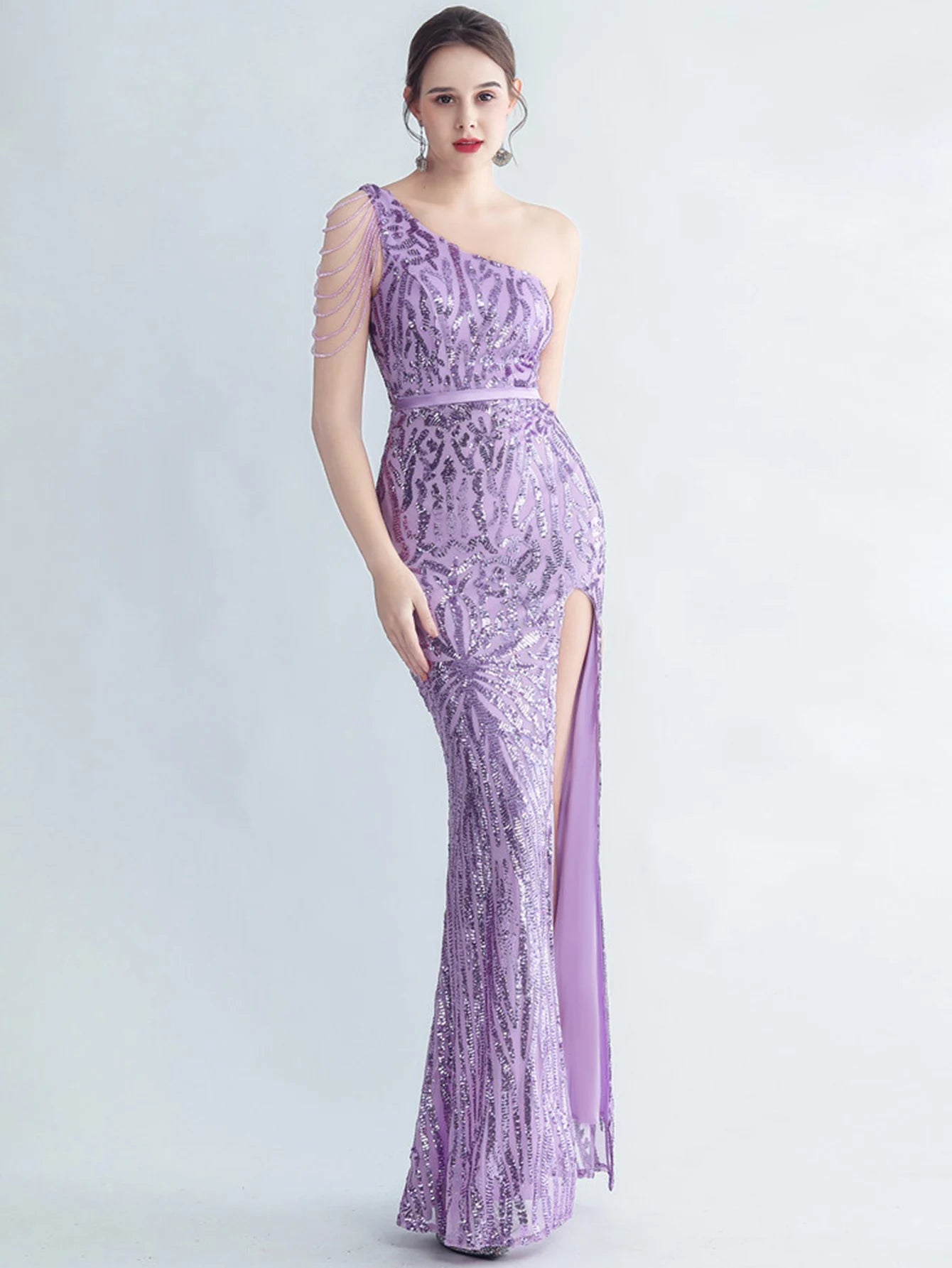 Elegant Diagonal Collar Backless Sequin Birthday Party Long Maxi Dress