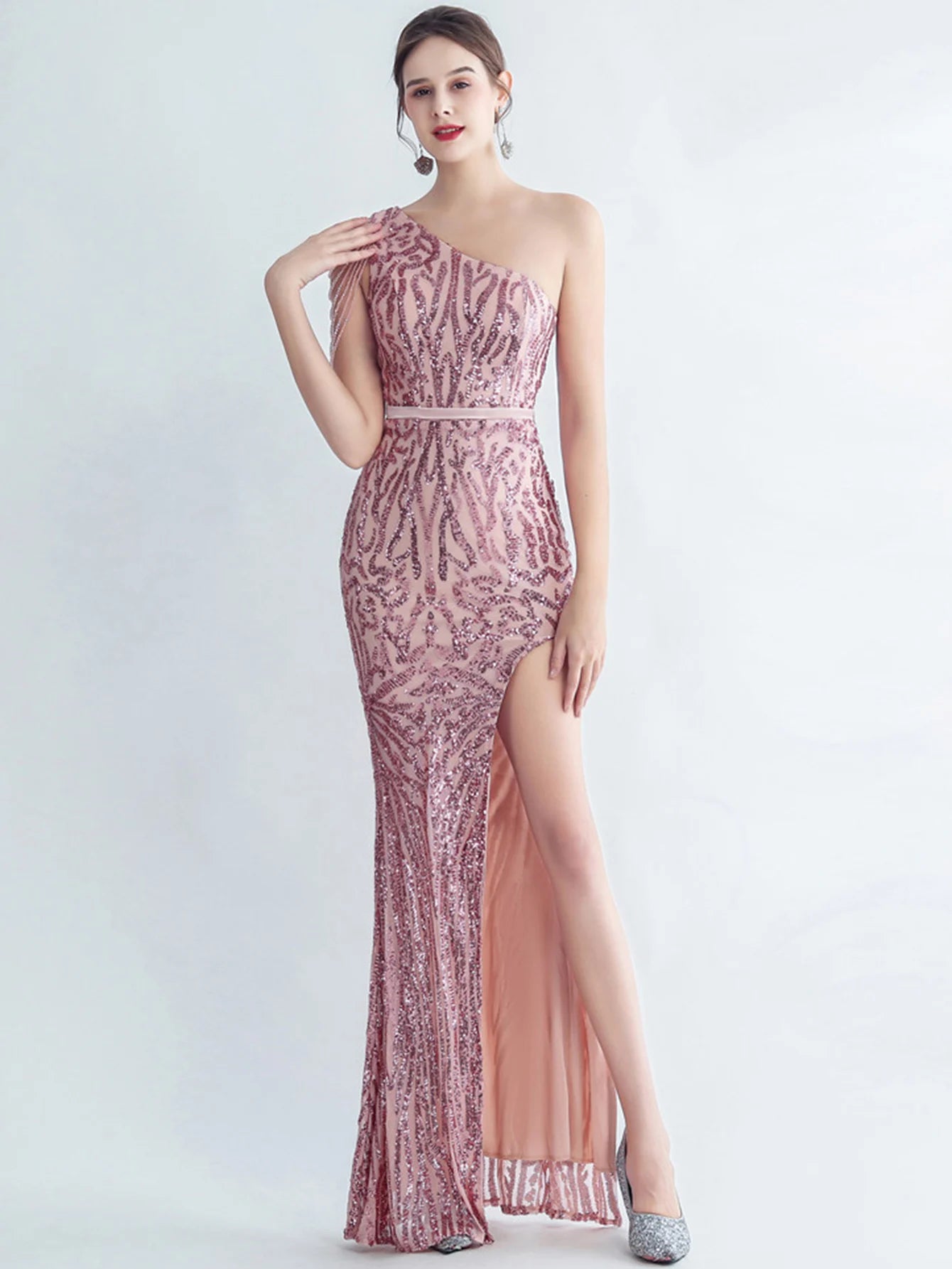 Elegant Diagonal Collar Backless Sequin Birthday Party Long Maxi Dress