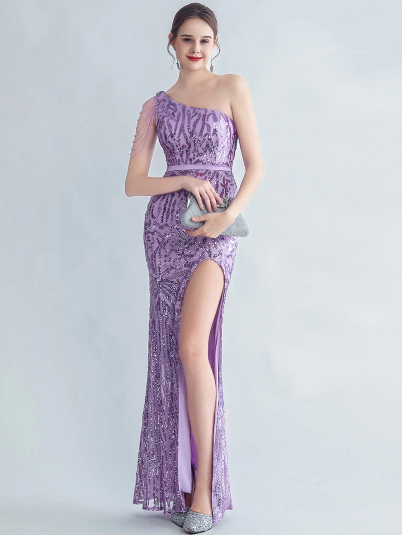 Elegant Diagonal Collar Backless Sequin Birthday Party Long Maxi Dress