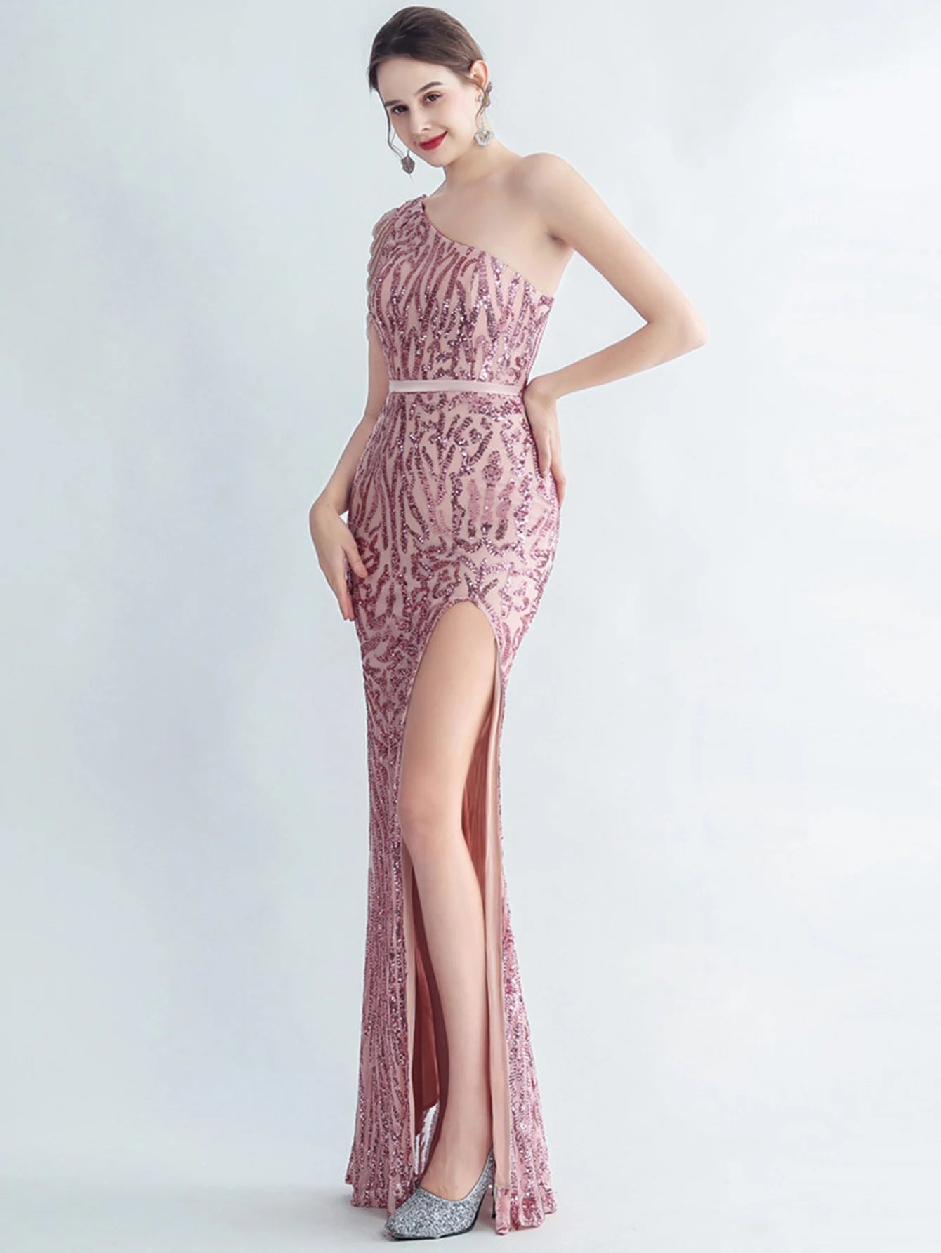 Elegant Diagonal Collar Backless Sequin Birthday Party Long Maxi Dress