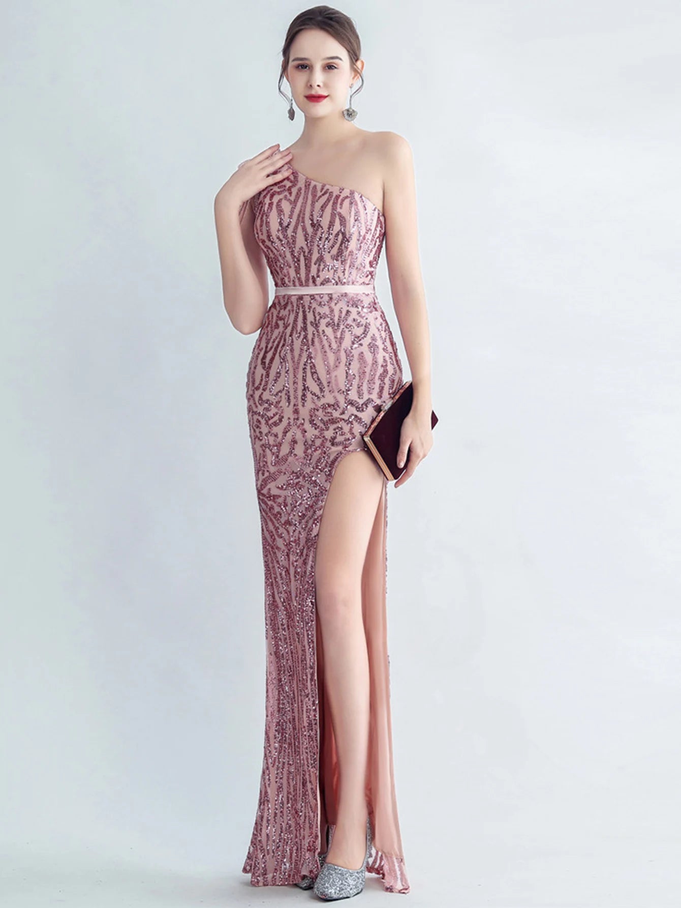 Elegant Diagonal Collar Backless Sequin Birthday Party Long Maxi Dress