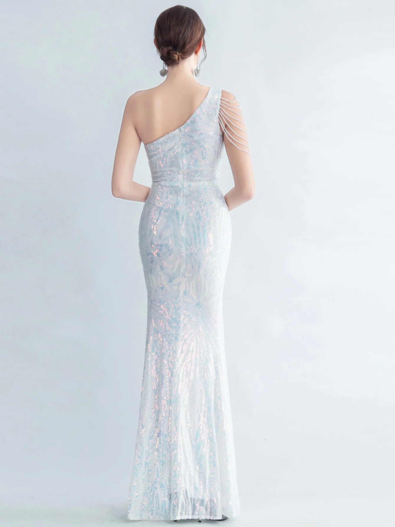 Elegant Diagonal Collar Backless Sequin Birthday Party Long Maxi Dress