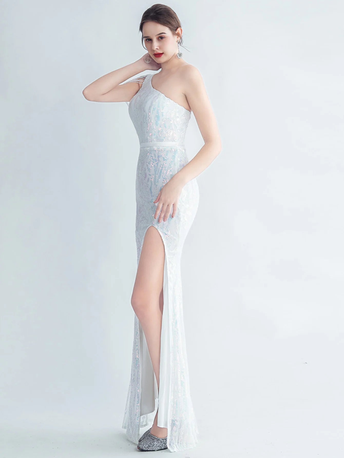 Elegant Diagonal Collar Backless Sequin Birthday Party Long Maxi Dress