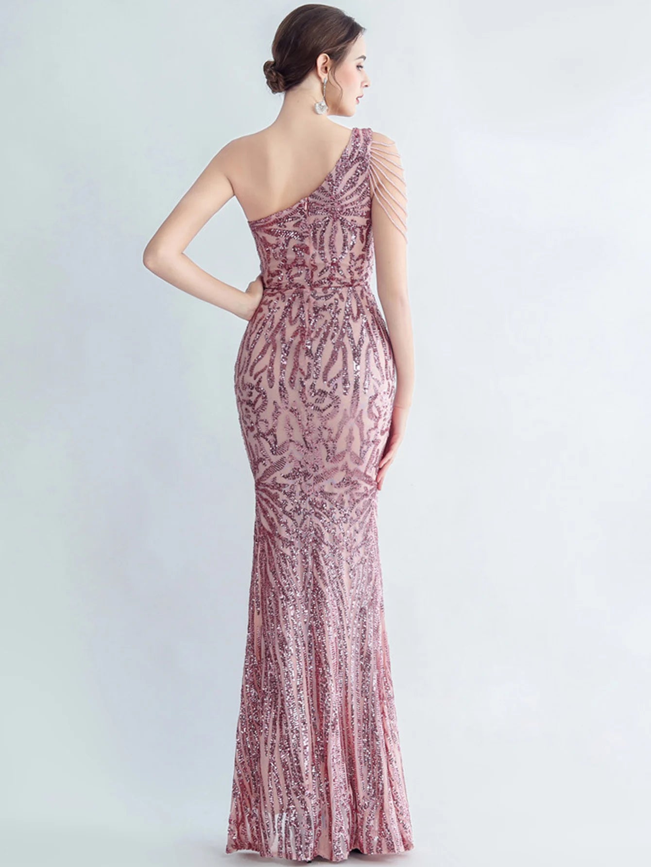 Elegant Diagonal Collar Backless Sequin Birthday Party Long Maxi Dress