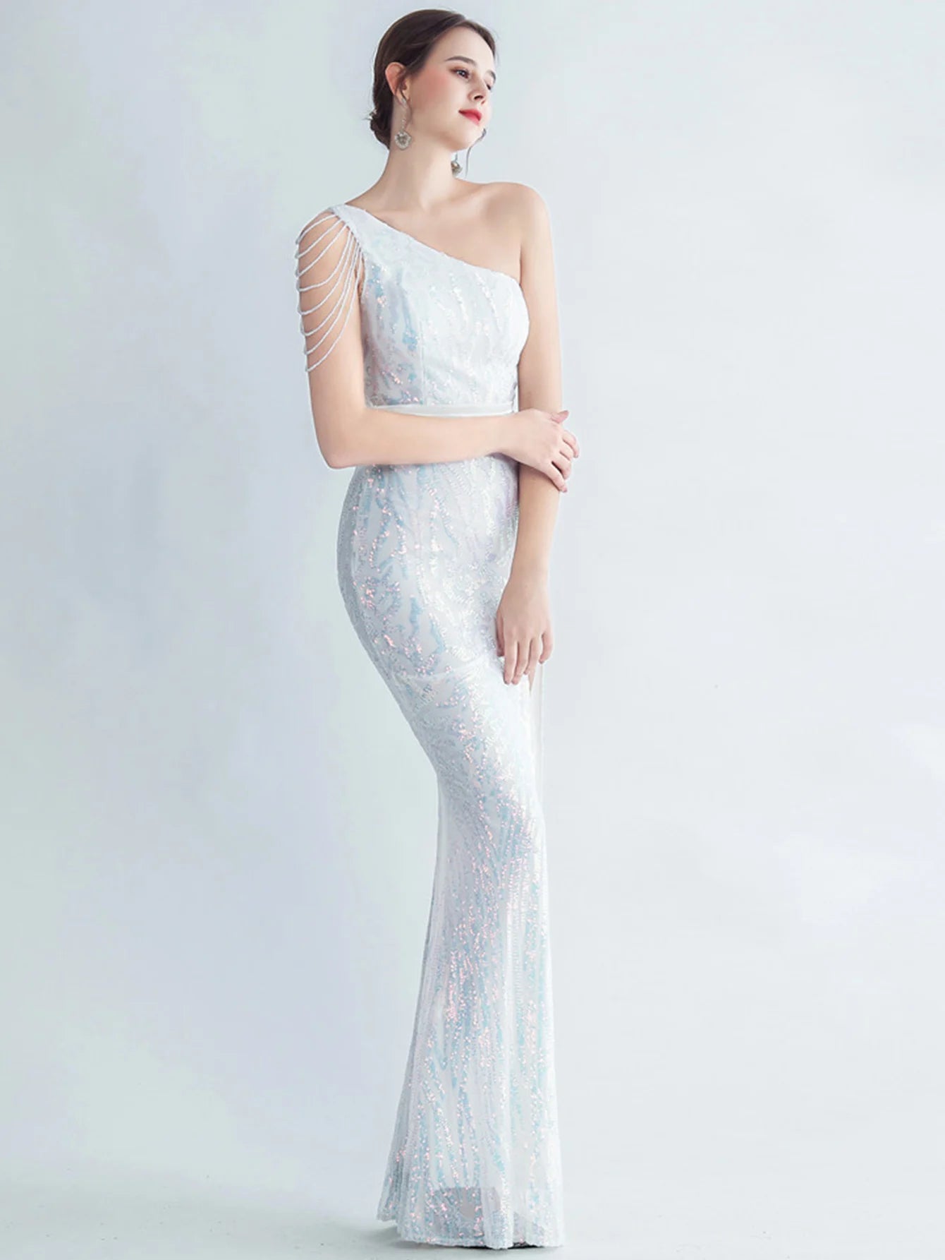 Elegant Diagonal Collar Backless Sequin Birthday Party Long Maxi Dress