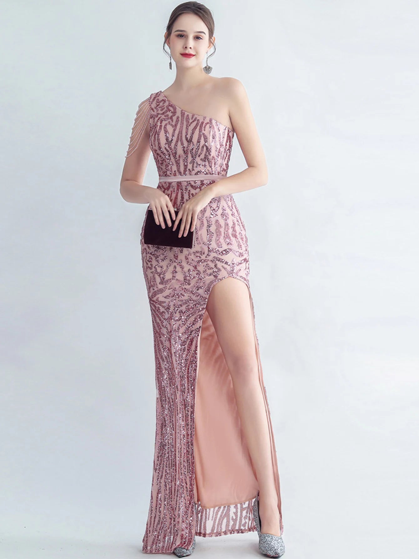 Elegant Diagonal Collar Backless Sequin Birthday Party Long Maxi Dress