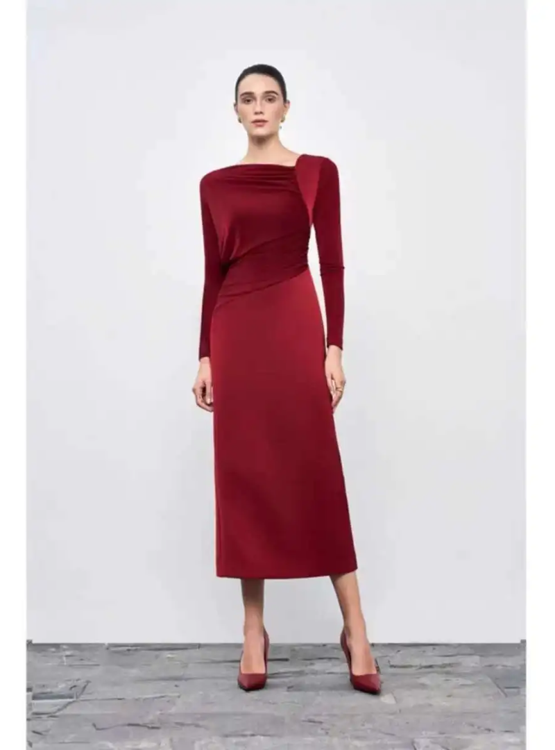 Elegant Diagonal Collar Long Sleeve Spliced High Waist Slimming Dresses