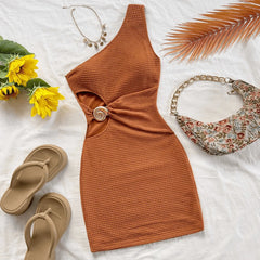Elegant Diagonal Collar Off-the Shoulder Hollowed-Out Metal Buckle Mini Dress