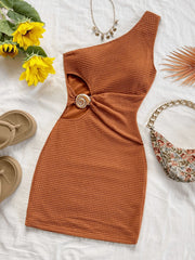 Elegant Diagonal Collar Off-the Shoulder Hollowed-Out Metal Buckle Mini Dress