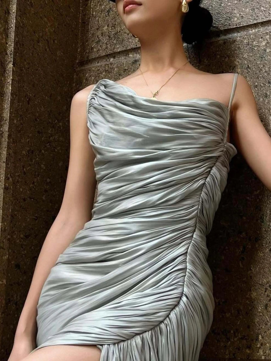 Elegant Diagonal Collar Sleeveless Patchwork Slimming Irregular Folds Maxi Dress