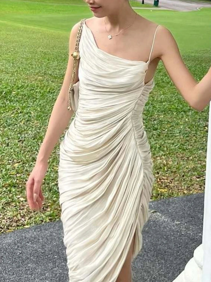 Elegant Diagonal Collar Sleeveless Patchwork Slimming Irregular Folds Maxi Dress