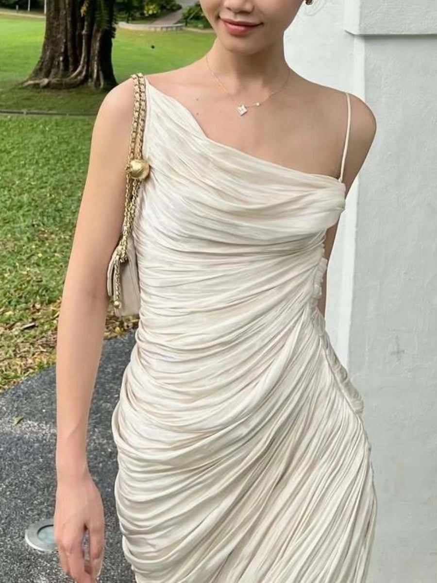 Elegant Diagonal Collar Sleeveless Patchwork Slimming Irregular Folds Maxi Dress