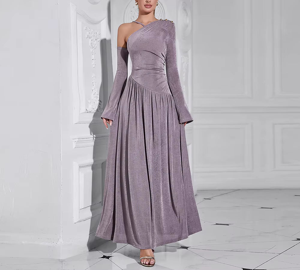 Elegant Diagonal Neck Long Sleeves Patchwork Folds Midi Dresses