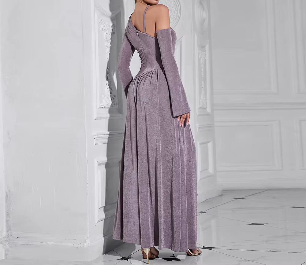 Elegant Diagonal Neck Long Sleeves Patchwork Folds Midi Dresses