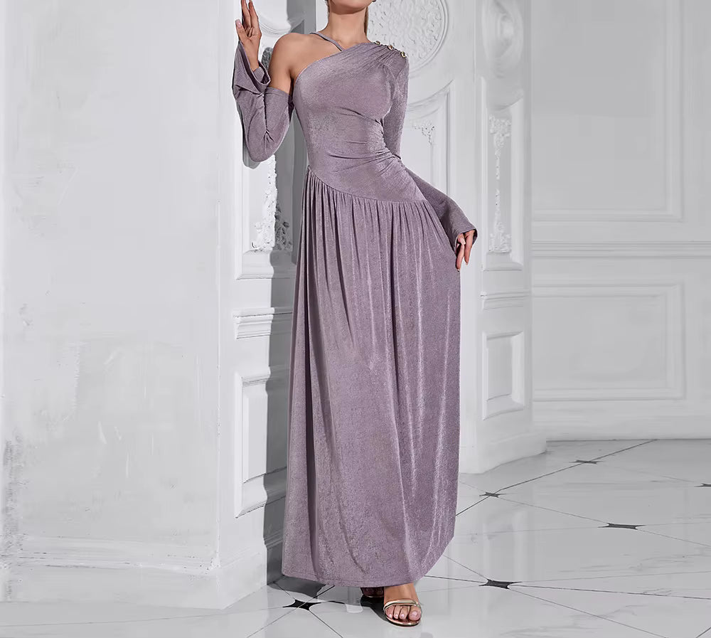 Elegant Diagonal Neck Long Sleeves Patchwork Folds Midi Dresses