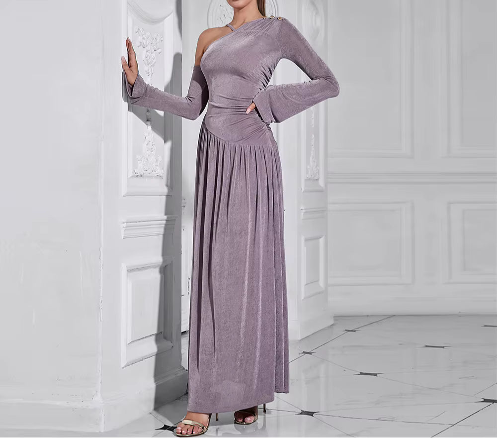 Elegant Diagonal Neck Long Sleeves Patchwork Folds Midi Dresses