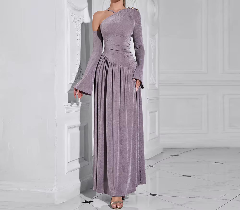 Elegant Diagonal Neck Long Sleeves Patchwork Folds Midi Dresses