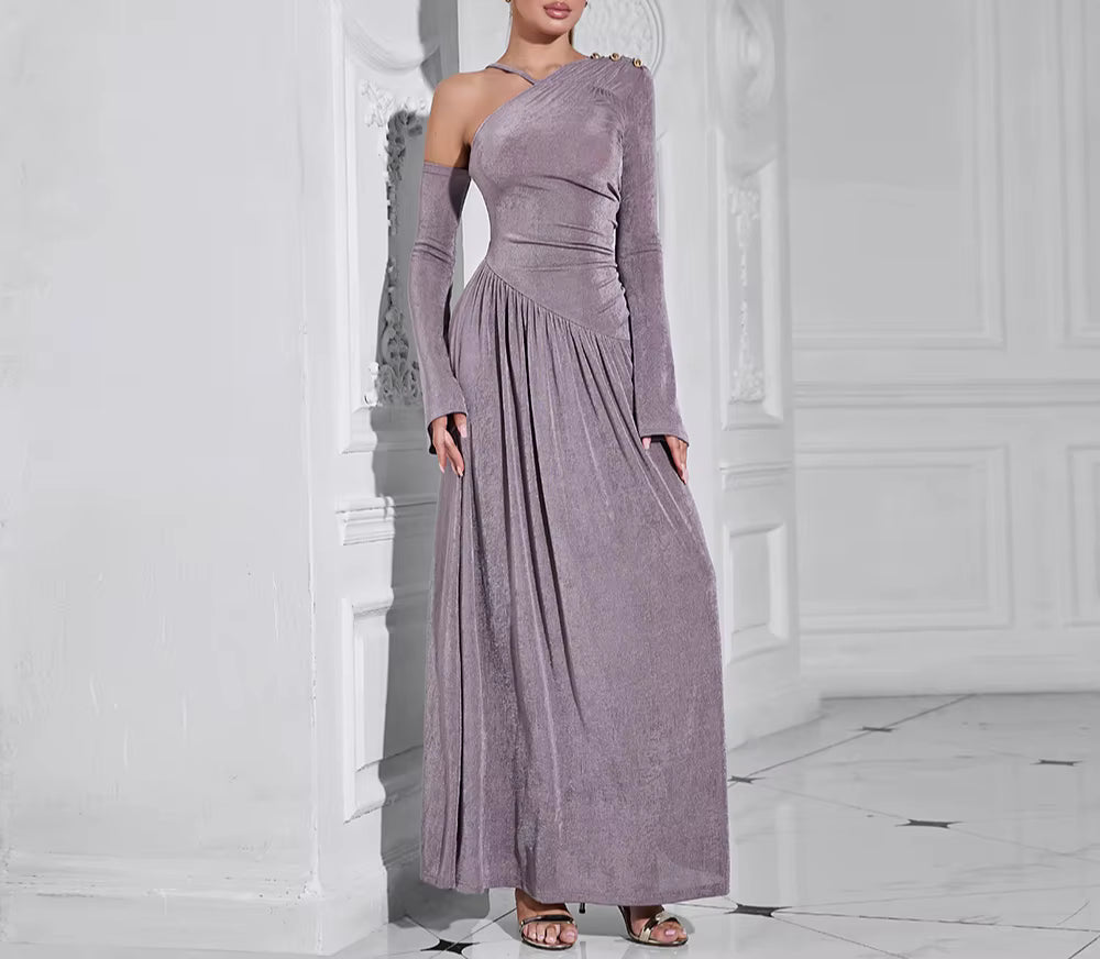Elegant Diagonal Neck Long Sleeves Patchwork Folds Midi Dresses