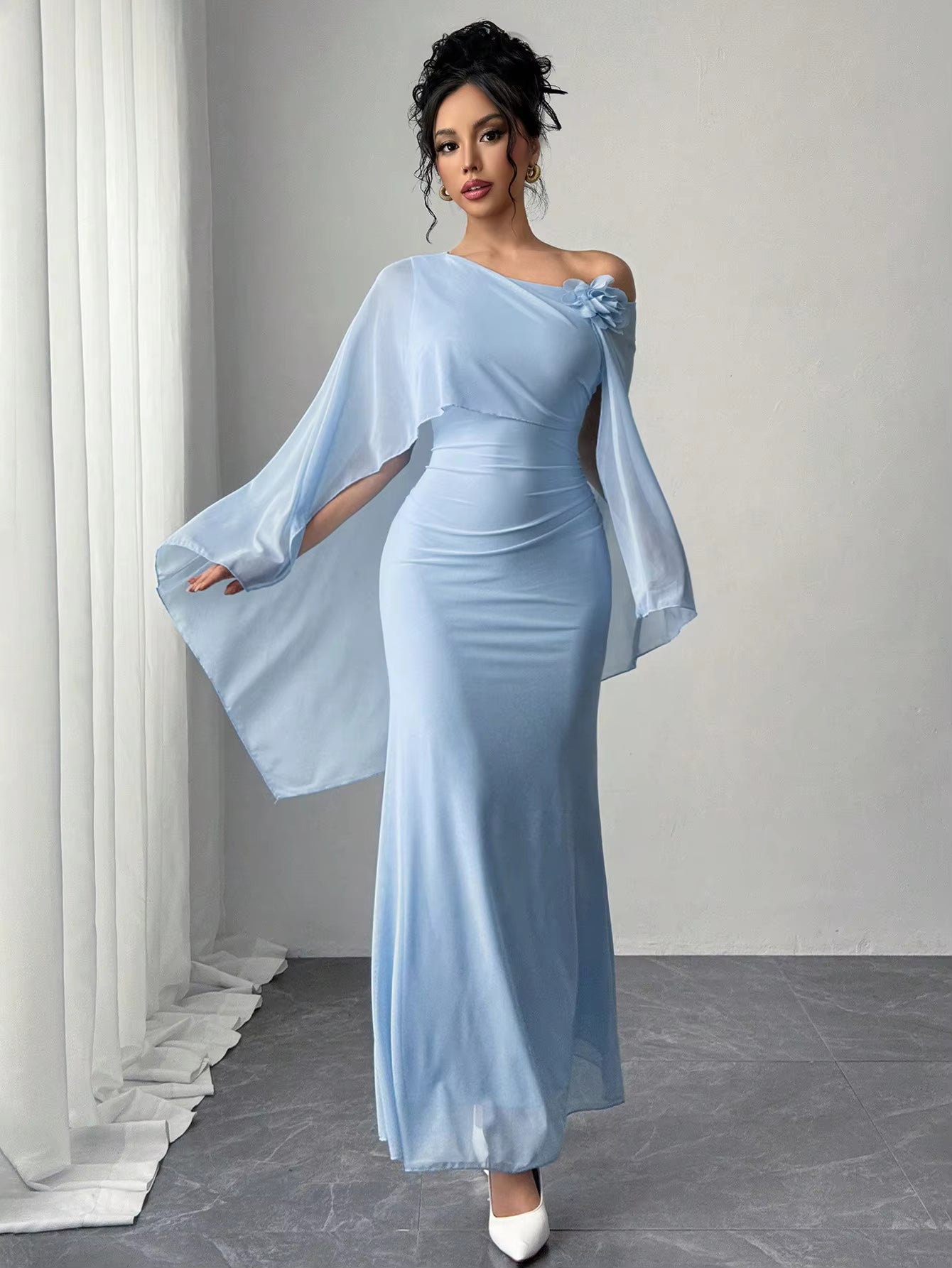 Elegant Diagonal collar One-Shoulder Corsage Mesh Cape Ultra Long Maxi Dress