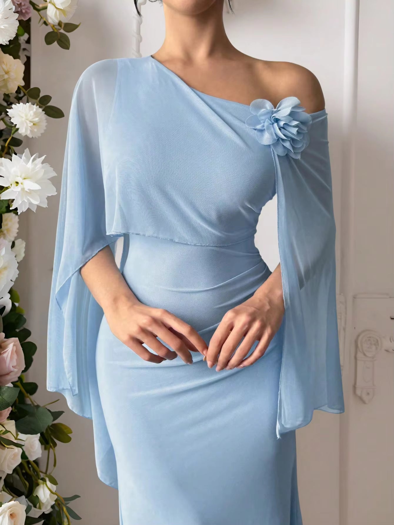 Elegant Diagonal collar One-Shoulder Corsage Mesh Cape Ultra Long Maxi Dress
