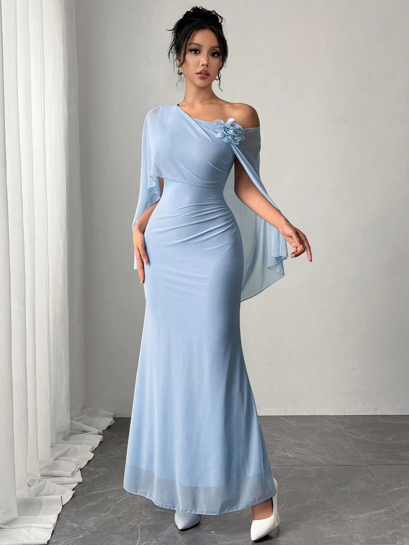 Elegant Diagonal collar One-Shoulder Corsage Mesh Cape Ultra Long Maxi Dress