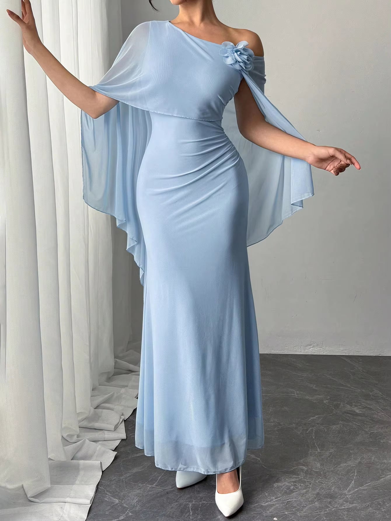 Elegant Diagonal collar One-Shoulder Corsage Mesh Cape Ultra Long Maxi Dress
