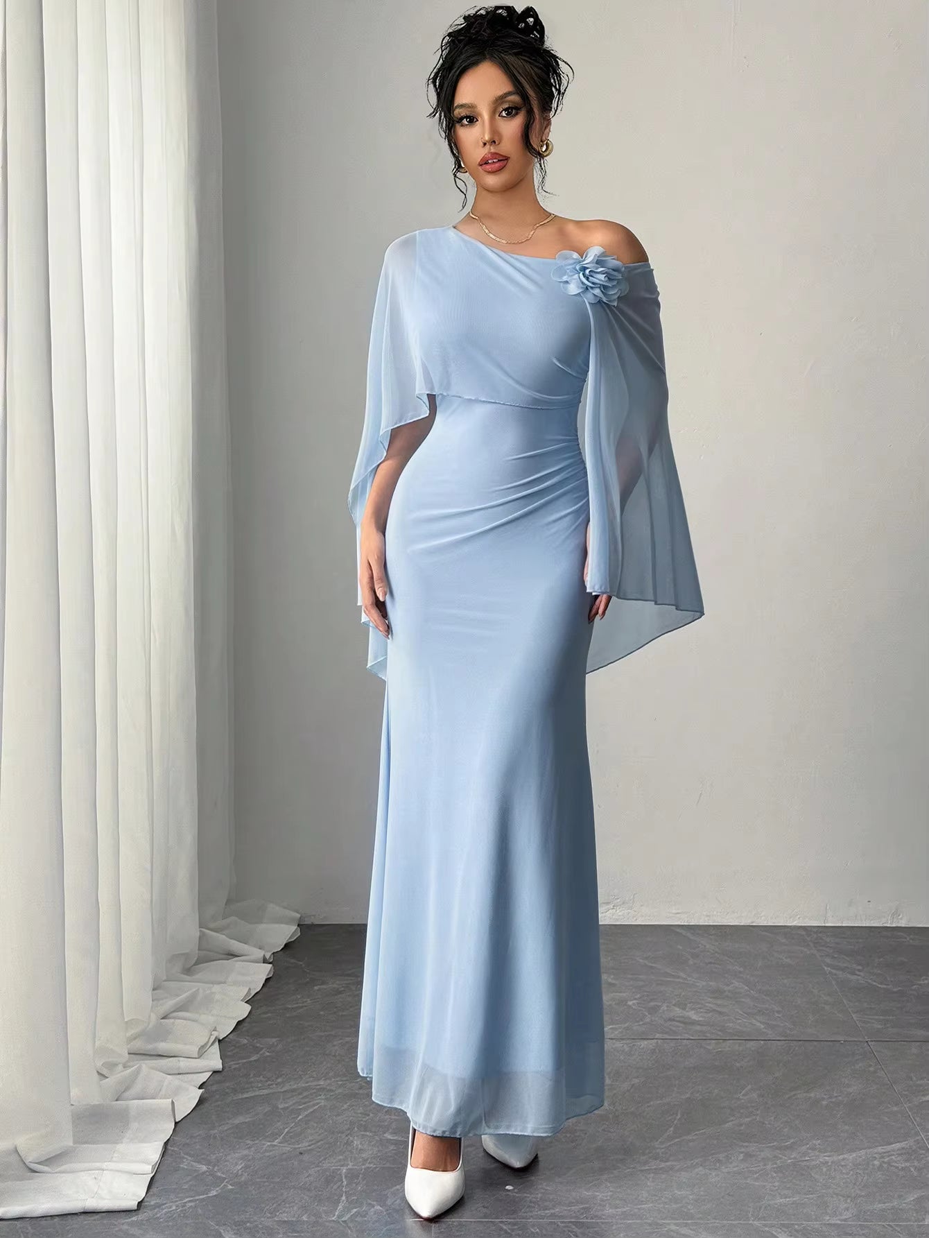 Elegant Diagonal collar One-Shoulder Corsage Mesh Cape Ultra Long Maxi Dress