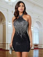 Elegant Diamond Halter Neck Strapless Off Shoulder Mini Dress