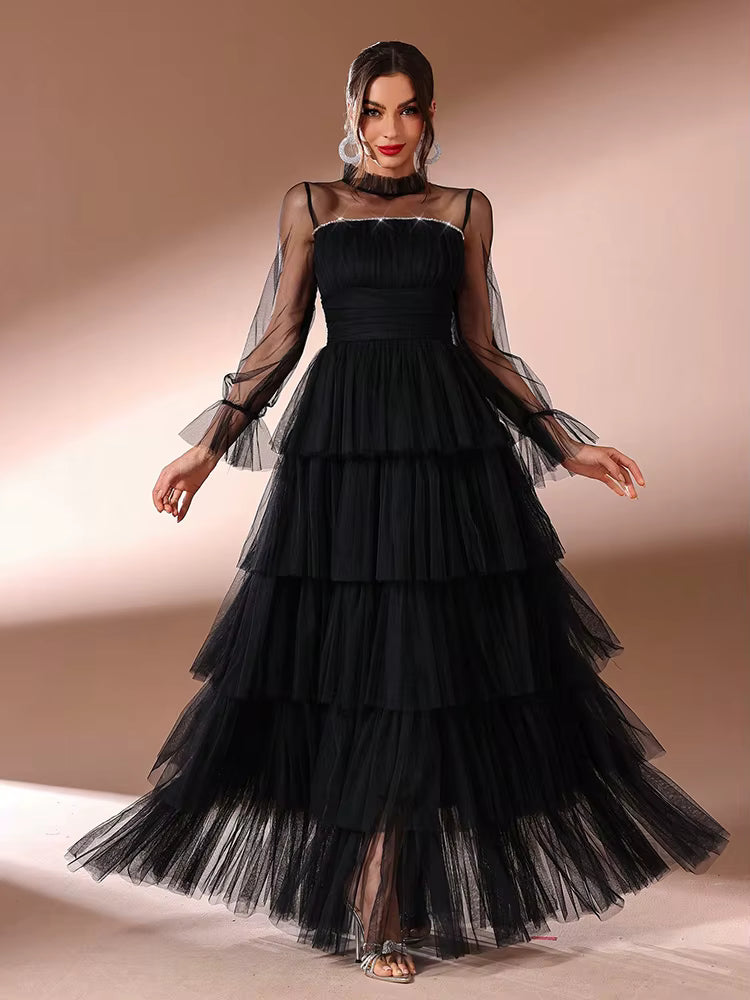 Elegant Diamond Mesh Formal Decorated Multi-Layer Hem Maxi Dresses