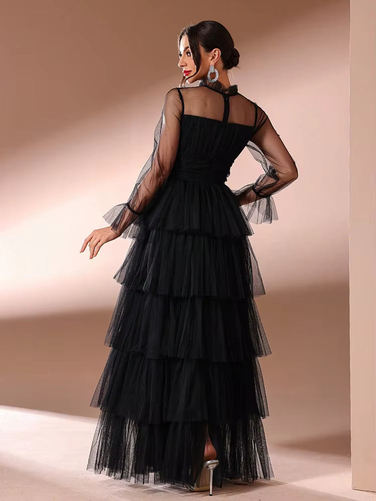 Elegant Diamond Mesh Formal Decorated Multi-Layer Hem Maxi Dresses