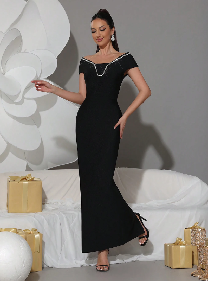 Elegant Diamond Off  Shoulder Bandage Short Sleeved Crystal Prom Gown Dresses
