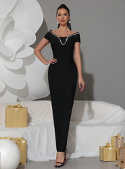 Elegant Diamond Off  Shoulder Bandage Short Sleeved Crystal Prom Gown Dresses