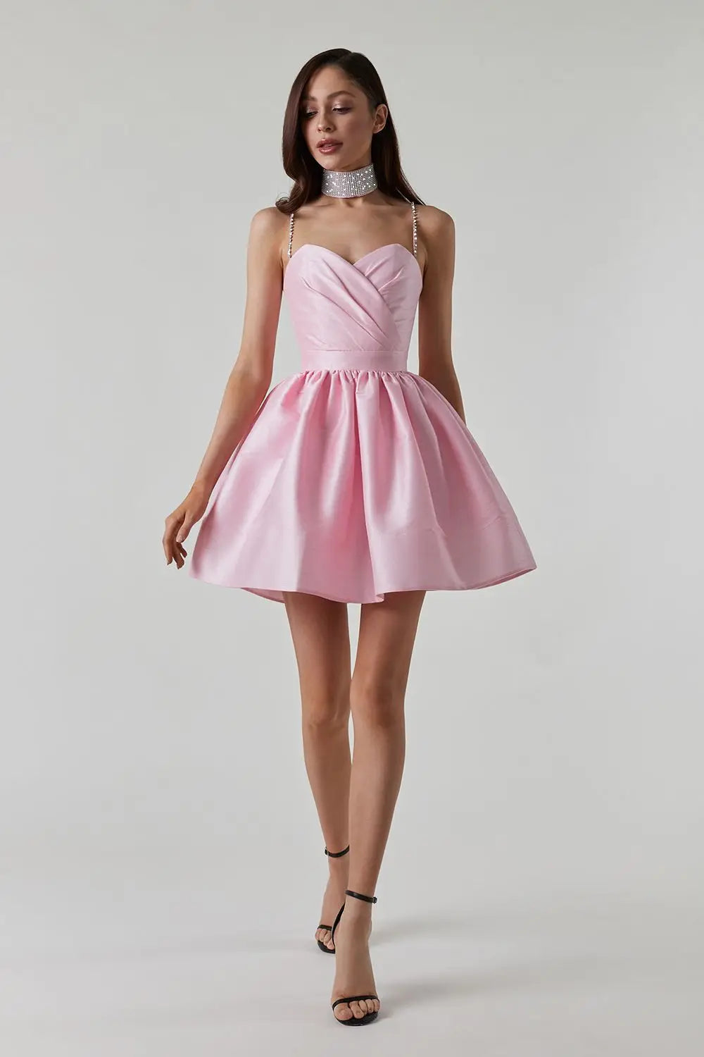 Elegant Diamond Spaghetti Strap Solid Color Low Cut Mini Evening Dress