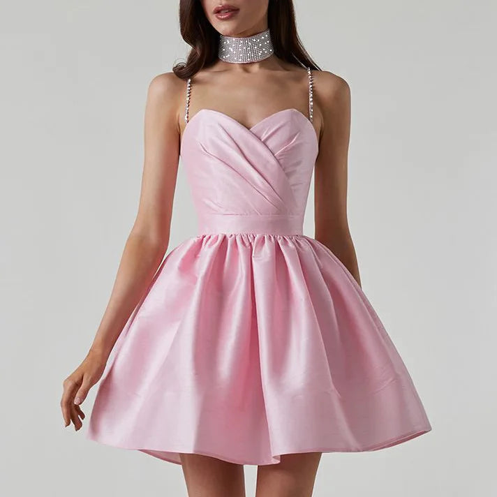 Elegant Diamond Spaghetti Strap Solid Color Low Cut Mini Evening Dress