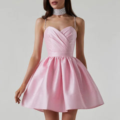 Elegant Diamond Spaghetti Strap Solid Color Low Cut Mini Evening Dress