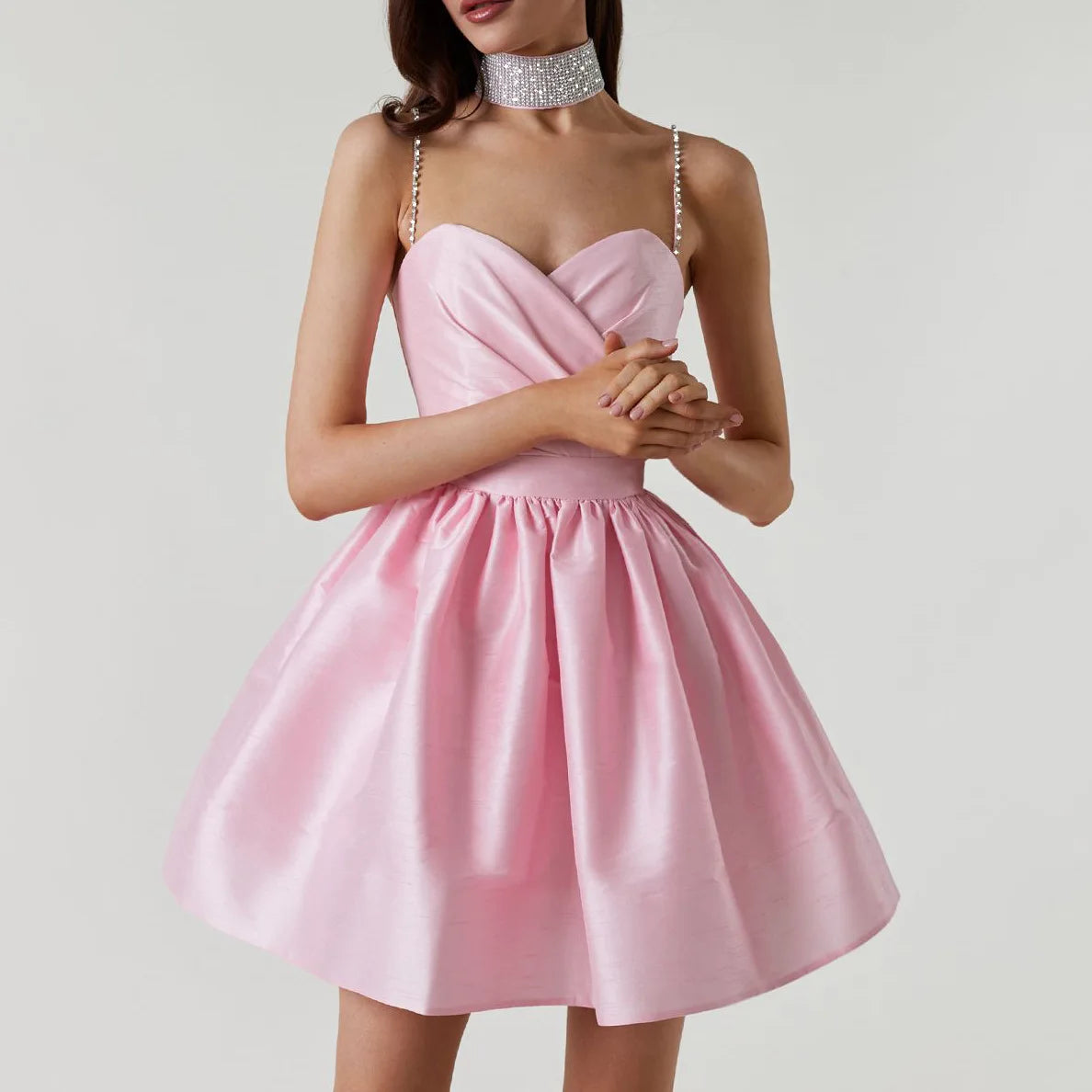 Elegant Diamond Spaghetti Strap Solid Color Low Cut Mini Evening Dress
